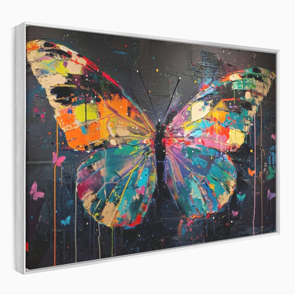 Tablou canvas cu tablou canvas cu fluture multicolor, in rama de aluminiu argintiu